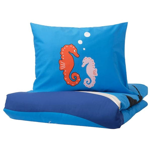 BLÅVINGAD - Duvet cover and pillowcase, ocean animals pattern/multicolour, 150x200/50x80 cm