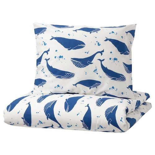 BLÅVINGAD - Duvet cover and pillowcase, whale pattern blue/white, 150x200/50x80 cm