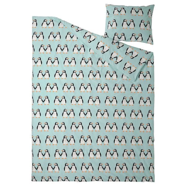 Ikea BLÅVINGAD - Duvet cover and pillowcase, penguin pattern/light turquoise, 150x200/50x80 cm