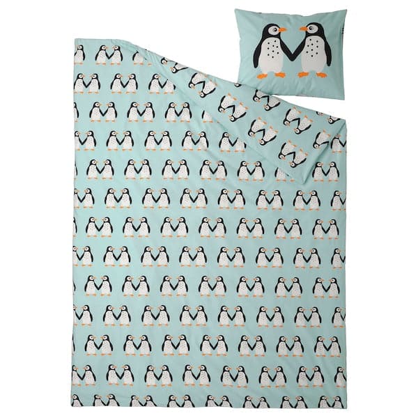 Ikea BLÅVINGAD - Duvet cover and pillowcase, penguin pattern/light turquoise, 150x200/50x80 cm