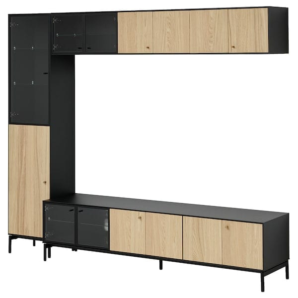 Ikea BOASTAD - TV storage combination, black/oak veneer, 223x42x185 cm