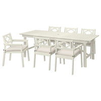 BONDHOLMEN table+6 chairs w armrests, outdoor, white/beige/Frösön/Duvholmen beige, 235x90 cm