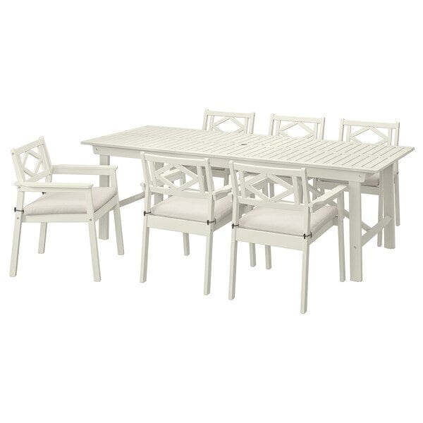 Ikea BONDHOLMEN - Table+6 chairs armrests, garden, white/beige/Frösön/Duvholmen beige