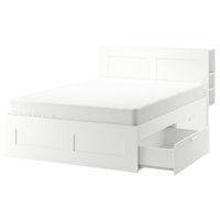BRIMNES bed frame w storage and headboard, white/Lindbåden, 160x200 cm
