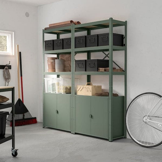 BROR - Shelving unit with cabinets, grey-green/pine plywood, 170x40x190 cm - best price from Maltashopper.com 09516141