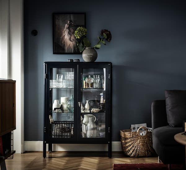Ikea FABRIKÖR - Glass-door cabinet, black-blue, 81x113 cm