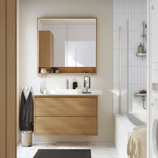 Ikea FAXÄLVEN - Mirror cabinet w built-in lighting, oak effect, 100x15x95 cm