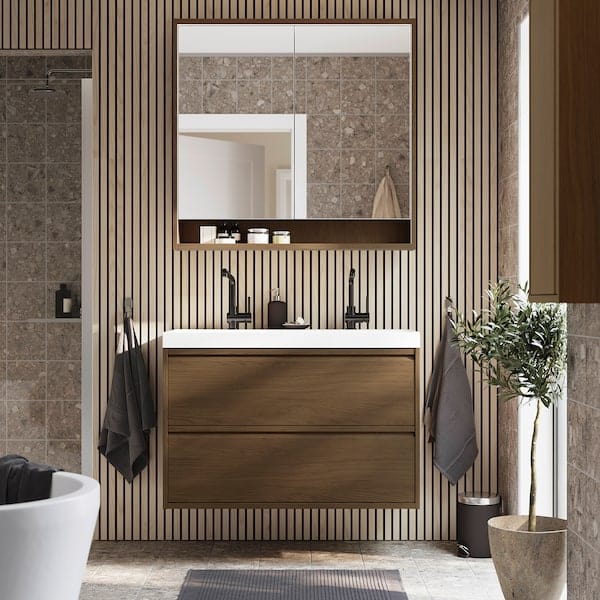 Ikea FAXÄLVEN - Mirror cabinet/integrated lighting, brown oak effect,100x15x95 cm