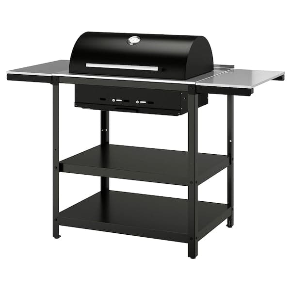 Ikea GRILLSKÄR - Charcoal barbecue w 2 side tables, stainless steel/outdoor , 99/123/147x61 cm