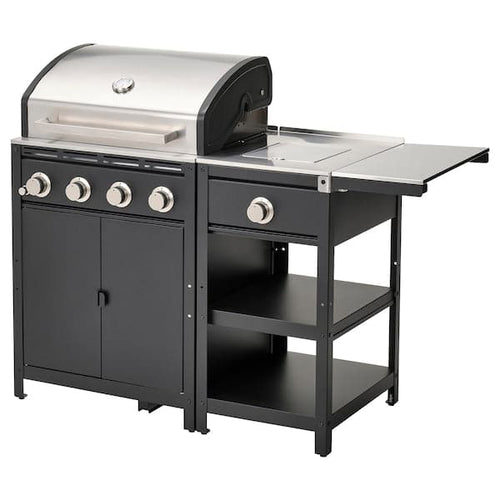 GRILLSKÄR - Gas barbecue/burner side/table, stainless steel/outdoor, 126/150x61 cm