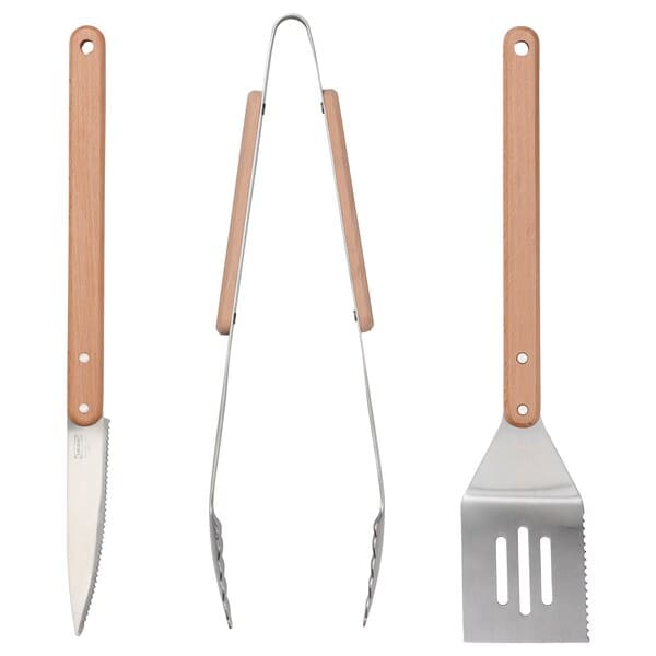 GRILLTIDER - 3-piece barbecue tools set, stainless steel/beech