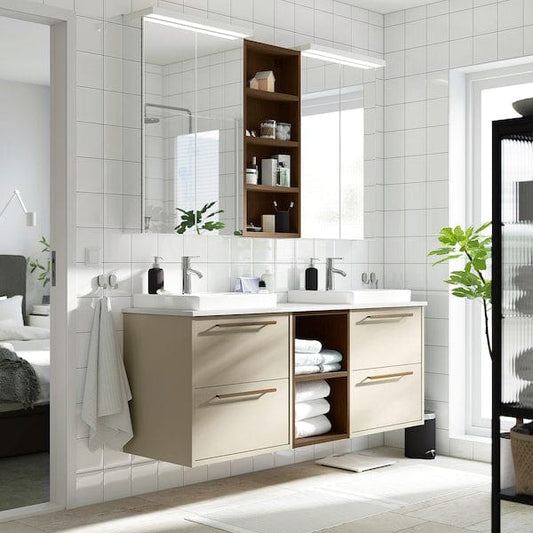 Ikea HAVBÄCK / ORRSJÖN - Washbasin/washbasin vanity unit, beige/brown oak-effect/white marble-effect, 162x49x71 cm