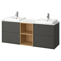 HAVBÄCK / ORRSJÖN wash-stand/wash-basins/taps, dark grey/oak effect/white marble effect, 162x49x71 cm