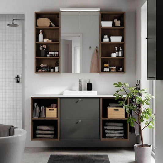 Ikea HAVBÄCK / ORRSJÖN - Washbasin/washbasin unit/mixer, dark grey/brown oak effect/white marble effect,142x49x71 cm