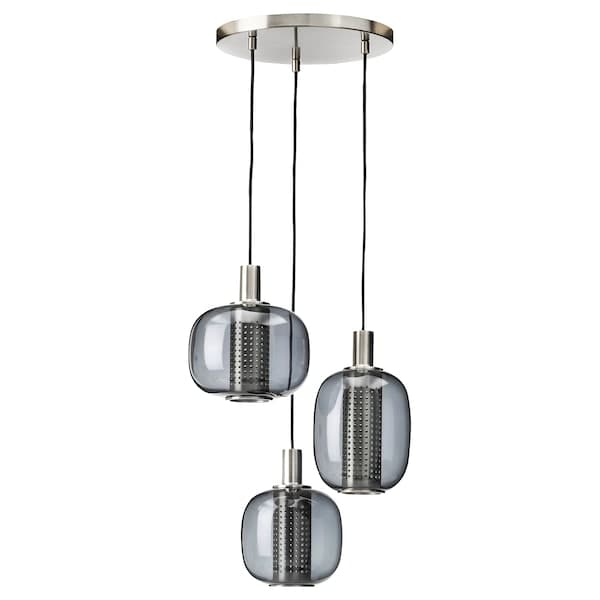 Ikea HÖGVIND - Pendant lamp with 3 lamps, nickel-plated/grey glass, 41 cm