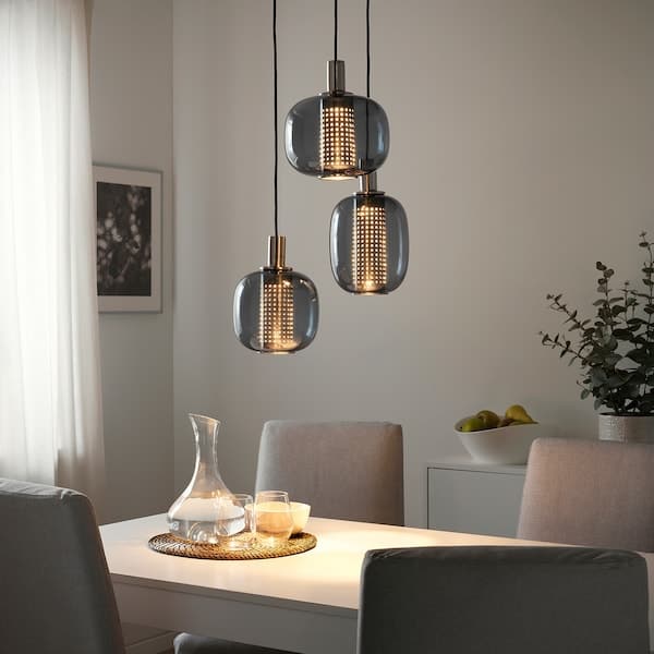 Ikea HÖGVIND - Pendant lamp with 3 lamps, nickel-plated/grey glass, 41 cm