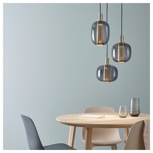 Ikea HÖGVIND - Pendant lamp with 3 lamps, nickel-plated/grey glass, 41 cm