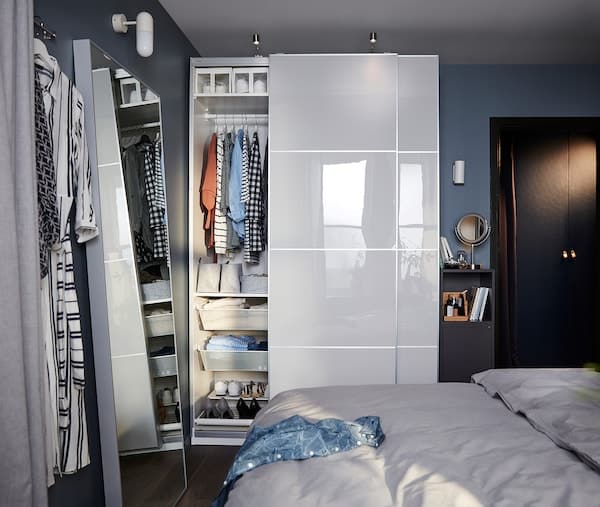 Ikea HOKKSUND - Pair of sliding doors, high-gloss light grey, 150x236 cm