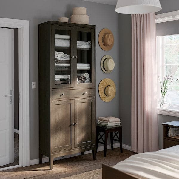 Ikea IDANÄS - High cabinet w gls-drs and 1 drawer, dark brown stained, 81x39x211 cm