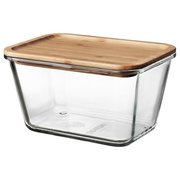 Ikea IKEA 365+ - Food container with lid, rectangular glass/bamboo, 1.8 l