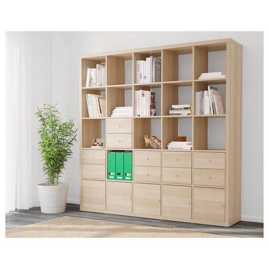Ikea KALLAX - Shelving unit with 10 inserts, white stained oak effect, 182x182 cm