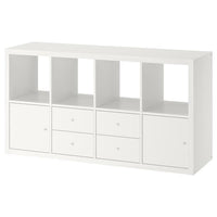 KALLAX shelving unit with 4 inserts, white, 147x77 cm