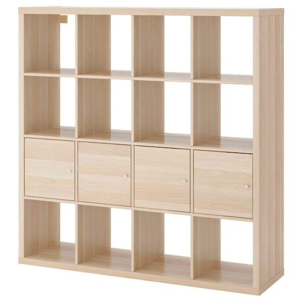 Ikea KALLAX - Shelving unit with 4 inserts, white stained oak effect, 147x147 cm