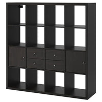 KALLAX shelving unit with 4 inserts, black-brown, 147x147 cm