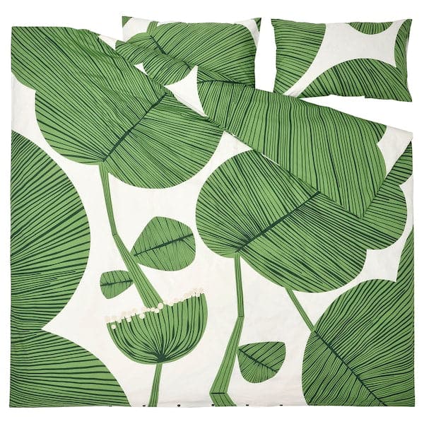 Ikea KUNGSCISSUS - Duvet cover and 2 pillowcases, white/green, 240x220/50x80 cm
