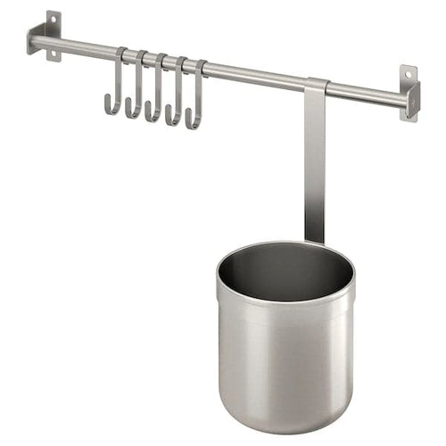 KUNGSFORS - Rail with 5 hooks and 1 container, stainless steel, 40 cm