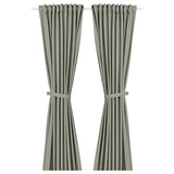 LENDA curtains with tie-backs, 1 pair, light grey-green/with heading tape, 140x300 cm