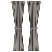 LENDA curtains with tie-backs, 1 pair, dark grey/with heading tape, 140x300 cm