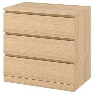 Ikea MALM - Chest of 3 drawers, white stained oak veneer, 80x78 cm