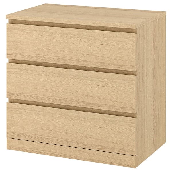 Ikea MALM - Chest of 3 drawers, white stained oak veneer, 80x78 cm