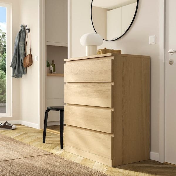 Ikea MALM - Chest of 4 drawers, white stained oak veneer, 80x100 cm