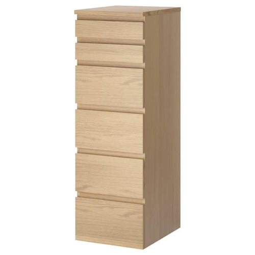 MALM - Chest of 6 drawers, white stained oak veneer/mirror glass, 40x123 cm