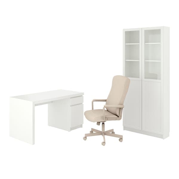 Ikea MALM/MILLBERGET / BILLY/OXBERG Desk/storage element - and swivel chair white/beige ,