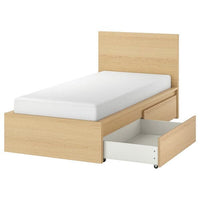 MALM bed frame, high, w 2 storage boxes, white stained oak veneer/Lönset, 90x200 cm