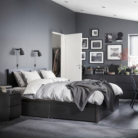 Ikea MALM Tall bed structure/2 containers - brown-black/Leirsund 180x200 cm