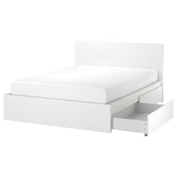 MALM bed frame, high, w 4 storage boxes, white/Leirsund, 160x200 cm