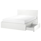 MALM bed frame, high, w 4 storage boxes, white/Lönset, 160x200 cm