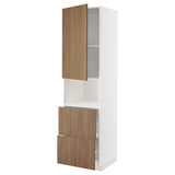 METOD / MAXIMERA hi cab f micro w door/2 drawers, white/Tistorp brown walnut effect, 60x60x220 cm
