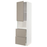 METOD / MAXIMERA hi cab f micro w door/2 drawers, white/Upplöv matt dark beige, 60x60x220 cm