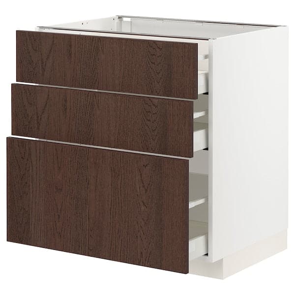 Ikea METOD / MAXIMERA - Base cabinet with 3 drawers, white/Sinarp brown ,
