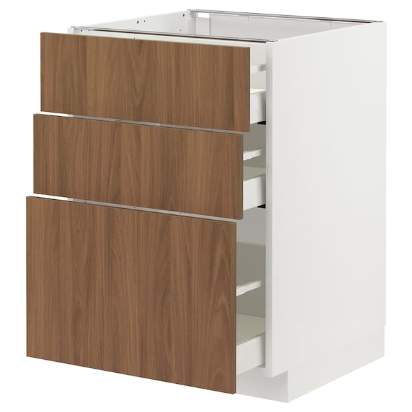 Ikea METOD / MAXIMERA - Base cabinet with 3 drawers, white/Tistorp brown walnut effect, 60x60 cm