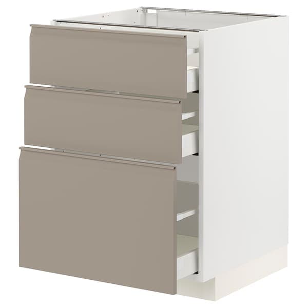 Ikea METOD / MAXIMERA - Base cabinet with 3 drawers, white/Upplöv matt dark beige, 60x60 cm