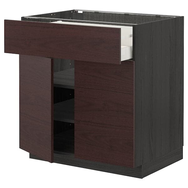 METOD / MAXIMERA - Base cabinet with drawer/2 doors, black Askersund/dark brown ash effect, 80x60 cm - best price from Maltashopper.com 69468868