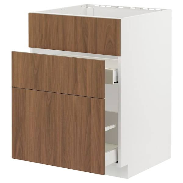 Ikea METOD / MAXIMERA - Base cab f sink+3 fronts/2 drawers, white/Tistorp brown walnut effect, 60x60 cm