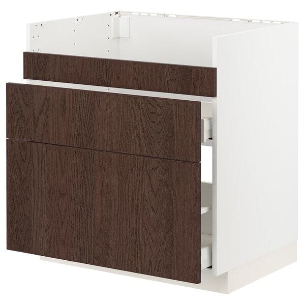METOD / MAXIMERA - Base cb f HAVSEN snk/3 frnts/2 drws, white/Sinarp brown , 80x60 cm - best price from Maltashopper.com 69404471