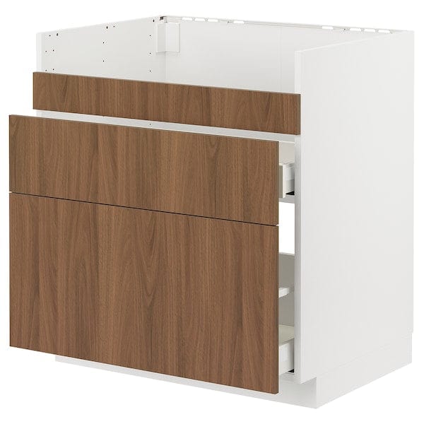Ikea METOD / MAXIMERA - Base cb f HAVSEN snk/3 frnts/2 drws, white/Tistorp brown walnut effect, 80x60 cm